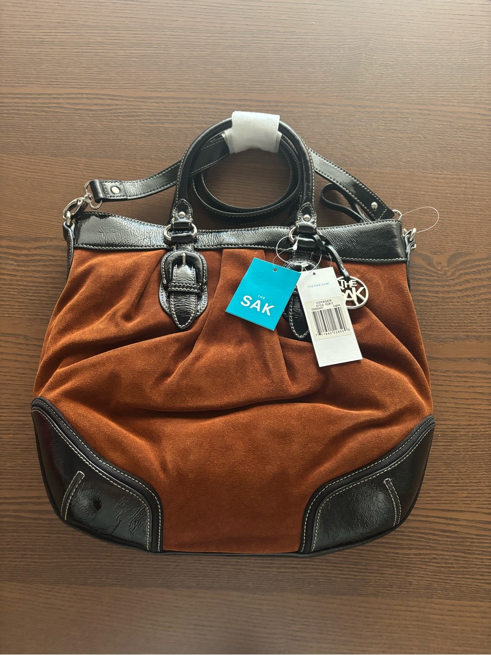 The Sak brown and black leather suede tote bag purse with shoulder and crossbody